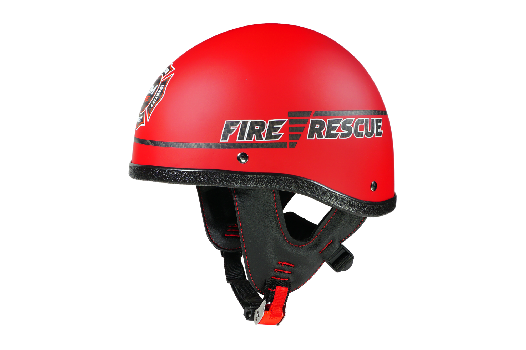 Red DIM FIRE ballistic helmet with FIRE RESCUE markings and retention harness