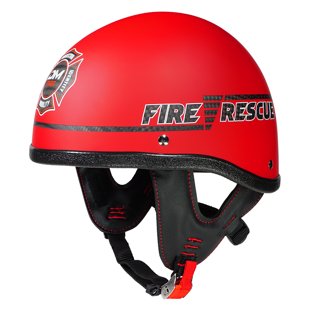 Red DIM Fire helmet with FIRE RESCUE identification and retention harness