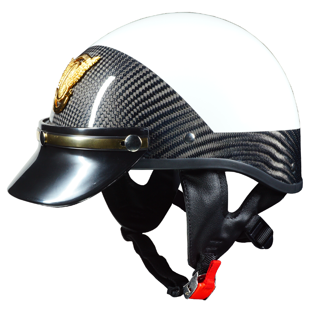 White and carbon-fiber DIM Motor helmet with a peak visor and retention harness