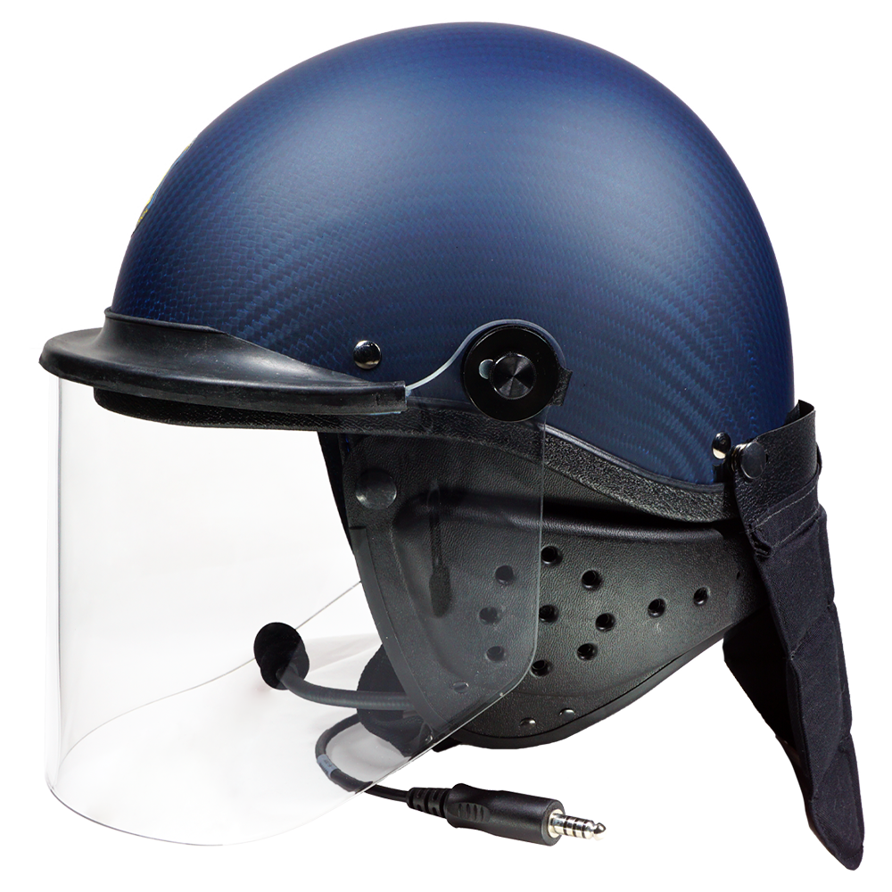 Blue DIM Riot helmet with a clear face shield, ear protection, and communications microphone
