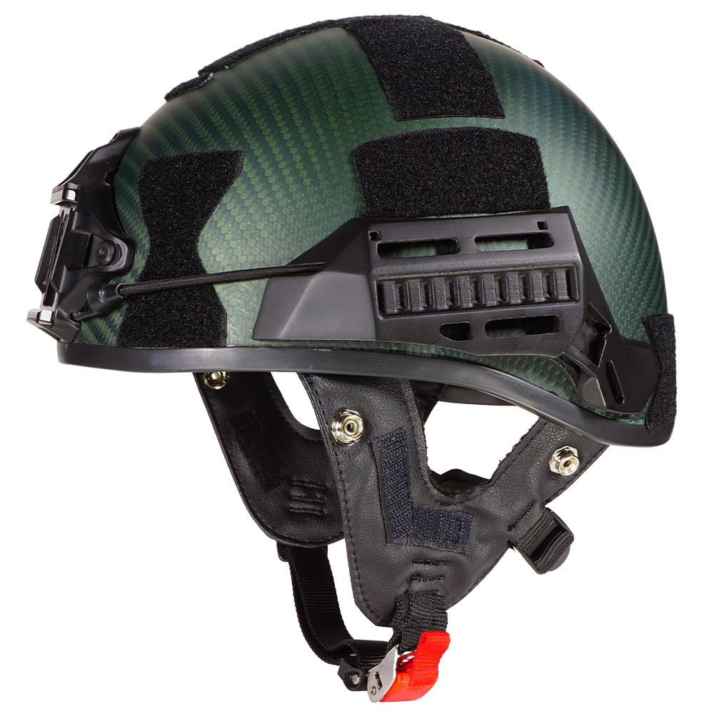 Green carbon-fiber DIM Tac helmet with accessory rails and retention harness