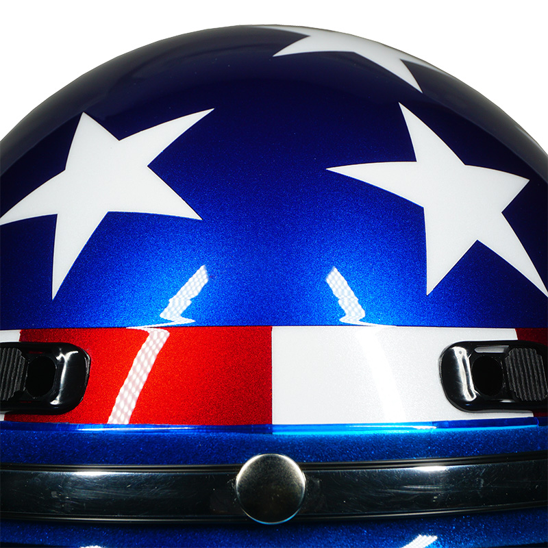 Front view of Model 1776 red white and blue half shell motorcycle helmet
