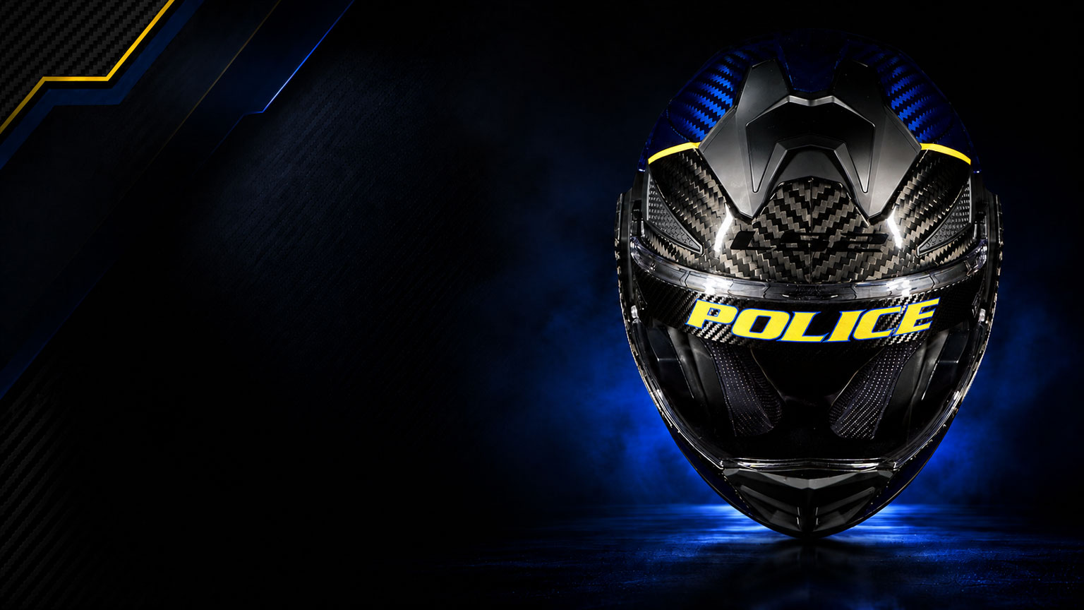 Front view of a custom blue and black carbon LS2 Advant X Carbon police helmet with yellow-and-blue POLICE identification.