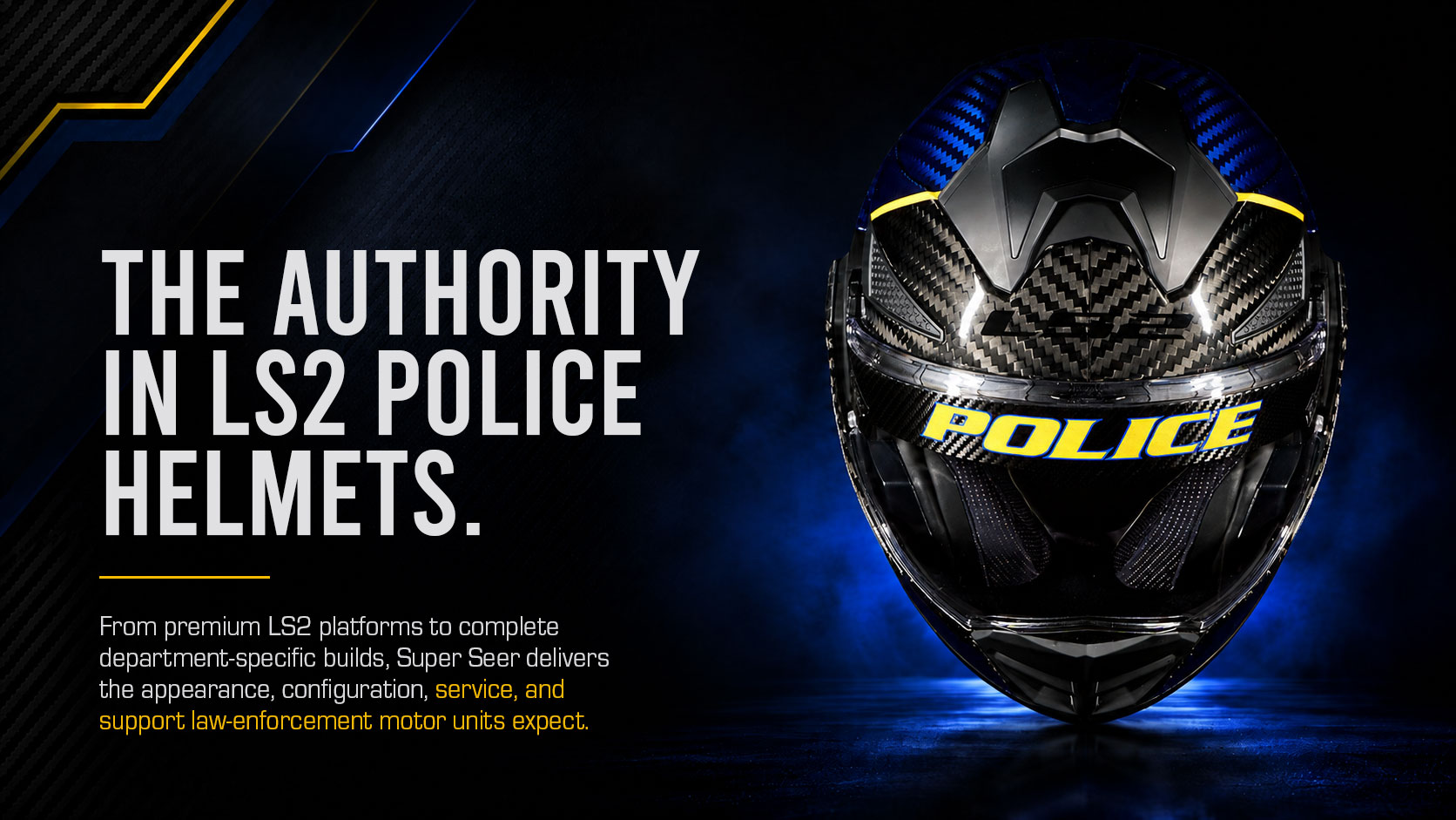 Custom blue and black carbon fiber LS2 Advant X Carbon police helmet by Super Seer