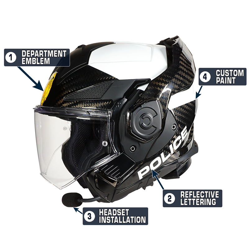 LS2 Advant X Carbon police helmet customized by Super Seer with department emblem, reflective lettering, headset installation, and custom paint
