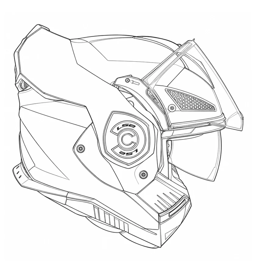 Line drawing of the LS2 Advant X Carbon modular helmet with chin bar raised