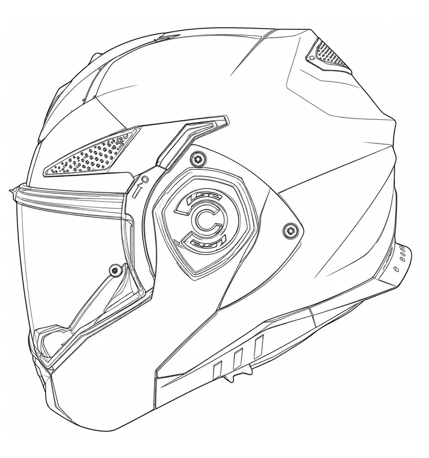 Side profile coloring line drawing of an LS2 Advant X Carbon helmet