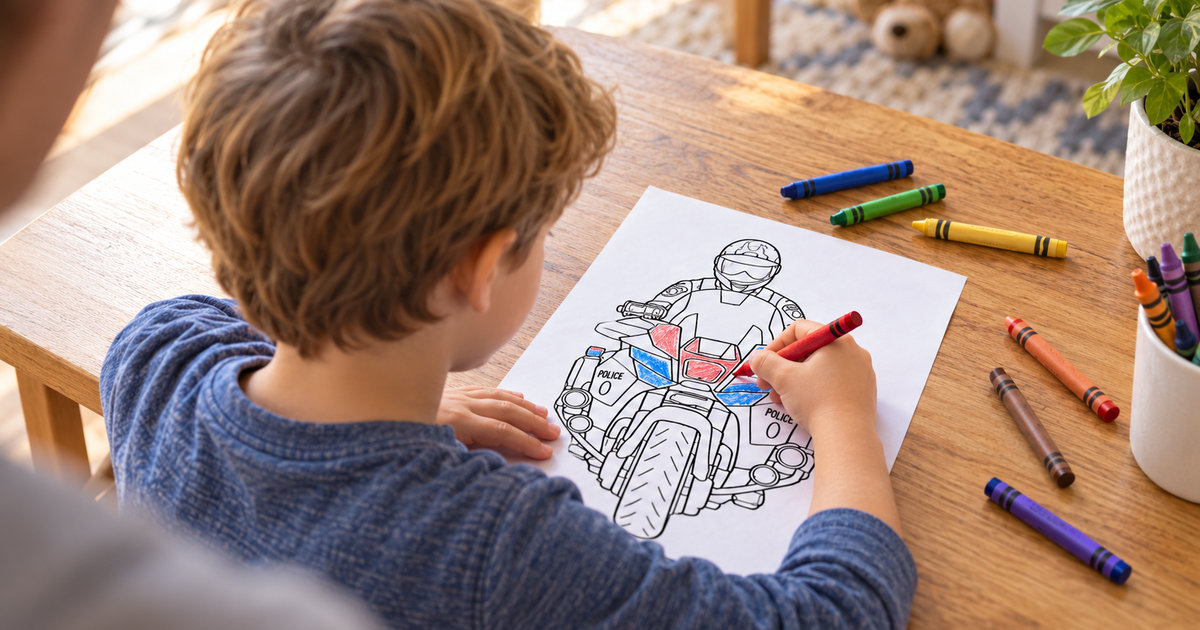 A child coloring a police motorcycle illustration with crayons, seen over the shoulder