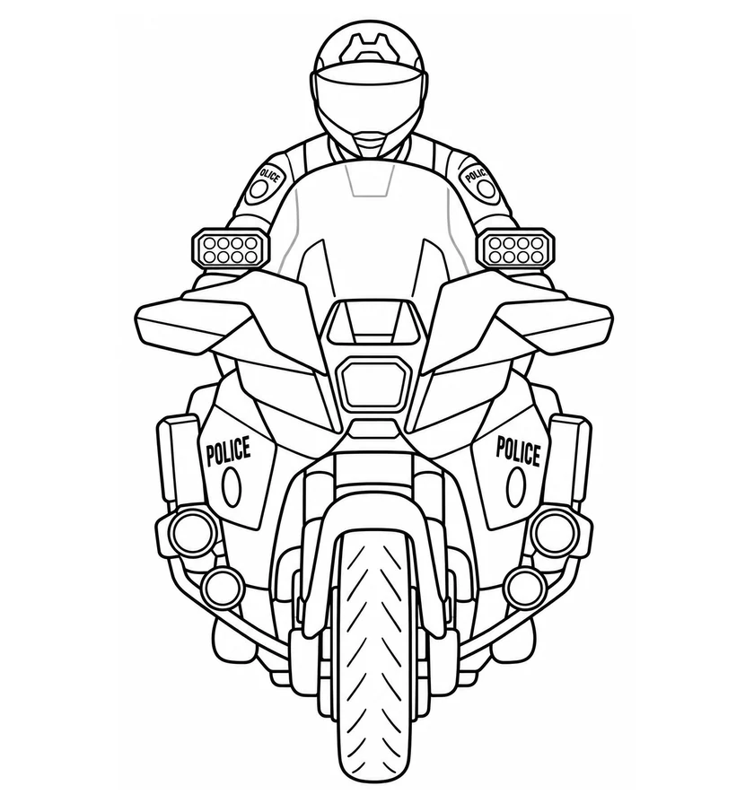 Front view coloring page with police motor officer on a touring motorcycle