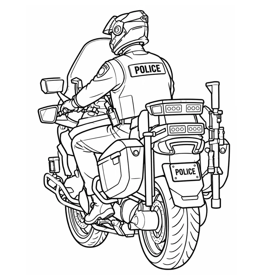 Rear three-quarter view coloring page with police motor officer and touring motorcycle
