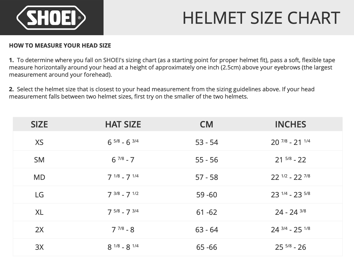 SHOEI helmet size chart showing helmet sizes, hat sizes, centimeter measurements, and inch measurements