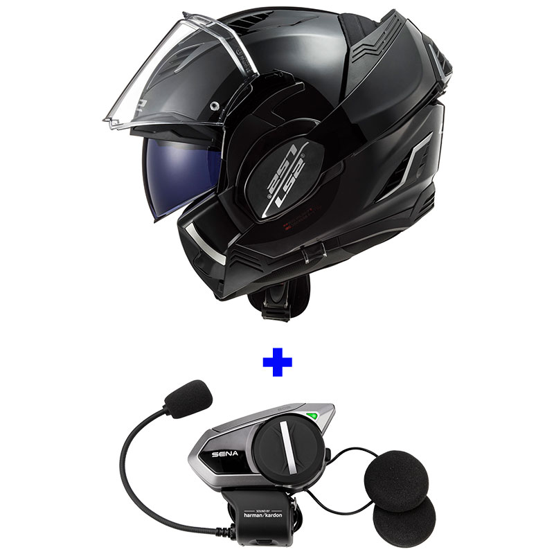 LS2 Valiant II Solid Gloss Black Police Motorcycle Modular Helmet with SENA Bluetooth Headset
